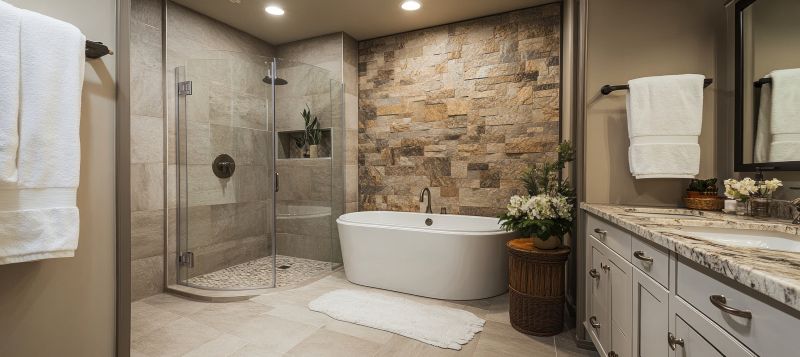 Bathroom featuring natural stone accents